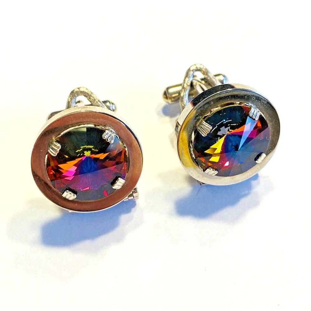 Vintage Mid Century Cufflinks Chunky Silvertone Mesh Wrap Watermelon Stones